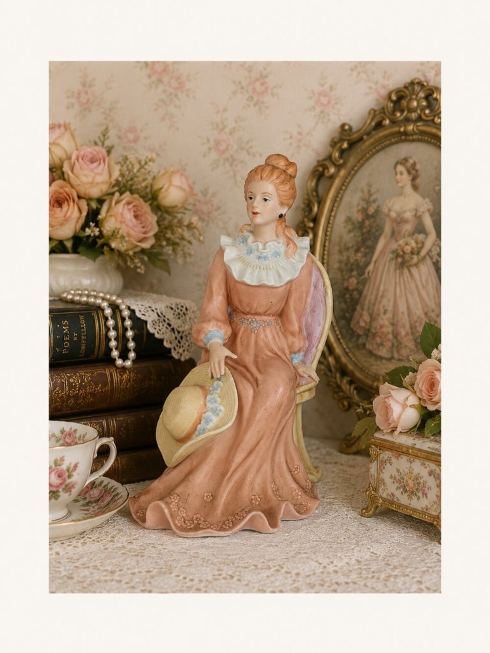 Vintage HOMCO Lady Figurine #1439 Seated Victorian Woman Bisque Porcelain
